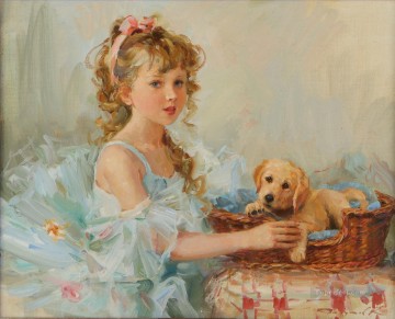 動物 Painting - 女の子と子犬 KR 003 ペットの子供たち